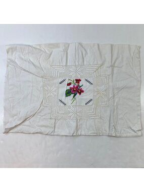 Handmade Floral Embroidered & Crocheted White Pillow Cover 25" X 17"